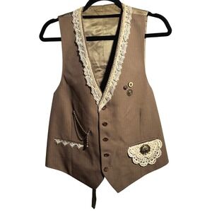 VTG Petrocelli Brown Vest Lace Trim Chain Steampunk Academia Victorian Style M